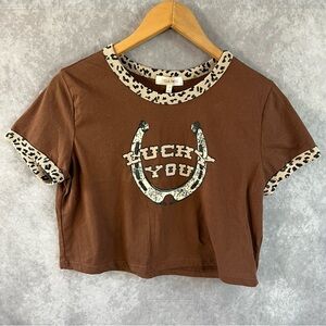 NWOT Stella Tweed Crop Top Womens Medium Brown Leopard Trim Horse Shoe Lucky You